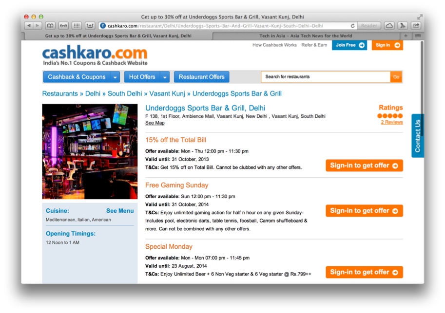 Cashkaro now offers restaurant discounts