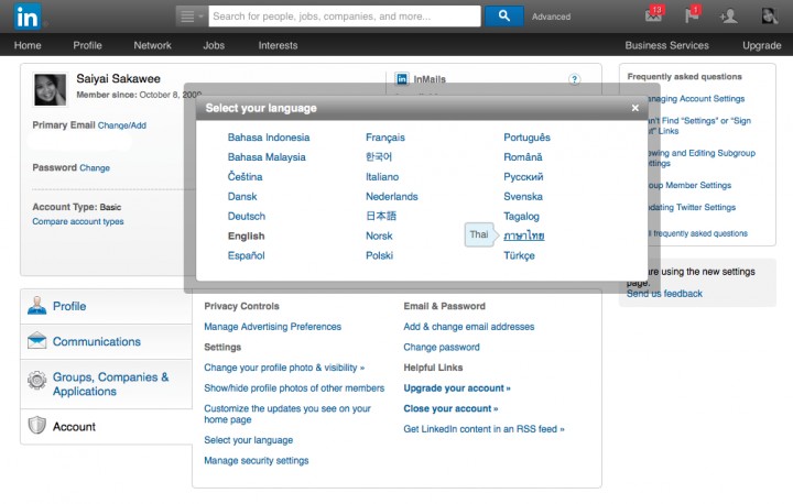 Linkedin available in Thai