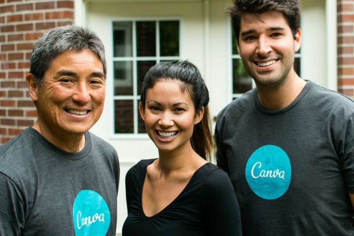 Guy Kawasaki (left) with Canva co-founders Melanie Perkins (middle) and Cliff Obrecht (right)