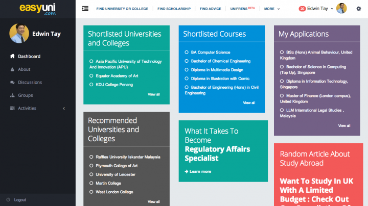 Dashboard EASYUNI Asia s largest University and College portal