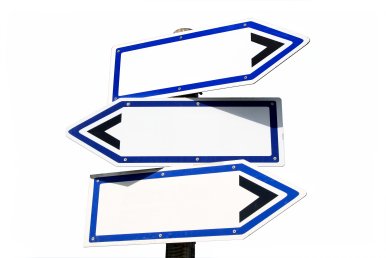 Blank three-way direction signpost. Blank three-way direction signpost.