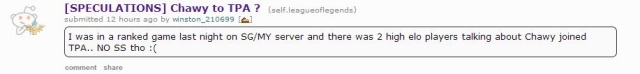 Rumor: League of Legends player Chawy to jump from Singapore Sentinels to a Taipei team? Rumor: League of Legends player Chawy to jump from Singapore Sentinels to a Taipei team?