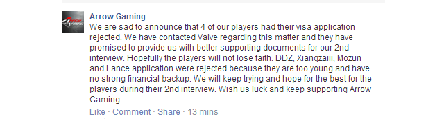 Arrow Gaming had visa application rejected, team may not be able to go to The International 2014 Arrow Gaming had visa application rejected, team may not be able to go to The International 2014