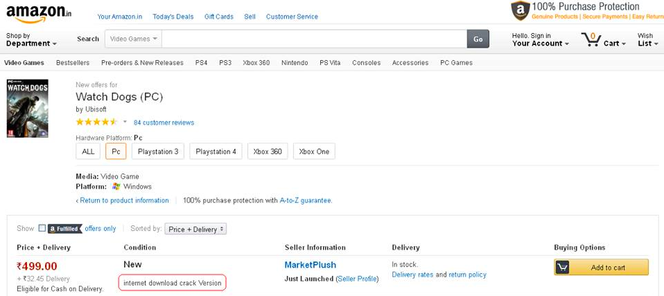 Amazon India is now a marketplace for pirated games. Watch Dogs going for $8. Amazon India is now a marketplace for pirated games. Watch Dogs going for $8.
