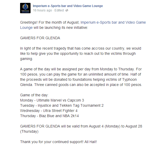 eSports bar Imperium’s Gamers for Glenda: console gaming to help typhoon victims eSports bar Imperium’s Gamers for Glenda: console gaming to help typhoon victims