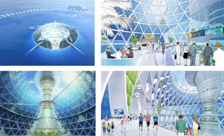 Left side: the view from above and below the sea; Right side: the view inside the Blue Garden.