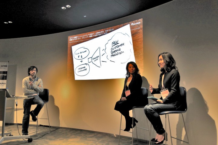Hiro Maeda (Beenos, left) moderates a discussion between Rei Hasegawa (LinkedIn, center) and Shoko Yanagisawa (Zendesk, right)