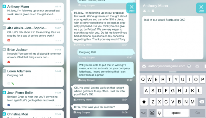 After selecting a conversation, you will see all the messages sent to that person across multiple services. One swipe later, and you can send a reply.