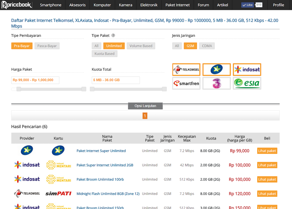 Mobile internet package comparison pricebook