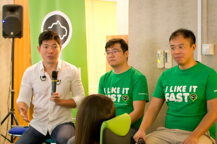 From L to R: GrabTaxi's Anthony Tan, Wei Zhu, and Kevin Lee speak at the company's new R&D center launch event.