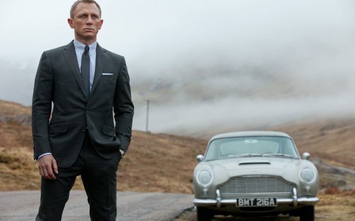 James Bond with an Aston Martin DB5 in Skyfall.