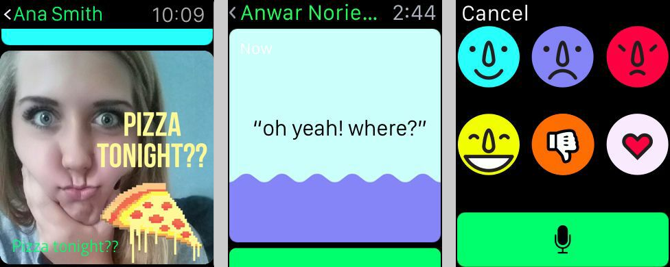 Screen captures of WatchMe Messenger running on Apple Watch.