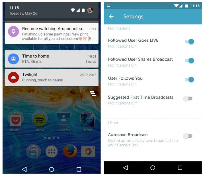periscope for android, lollipop notifications screens