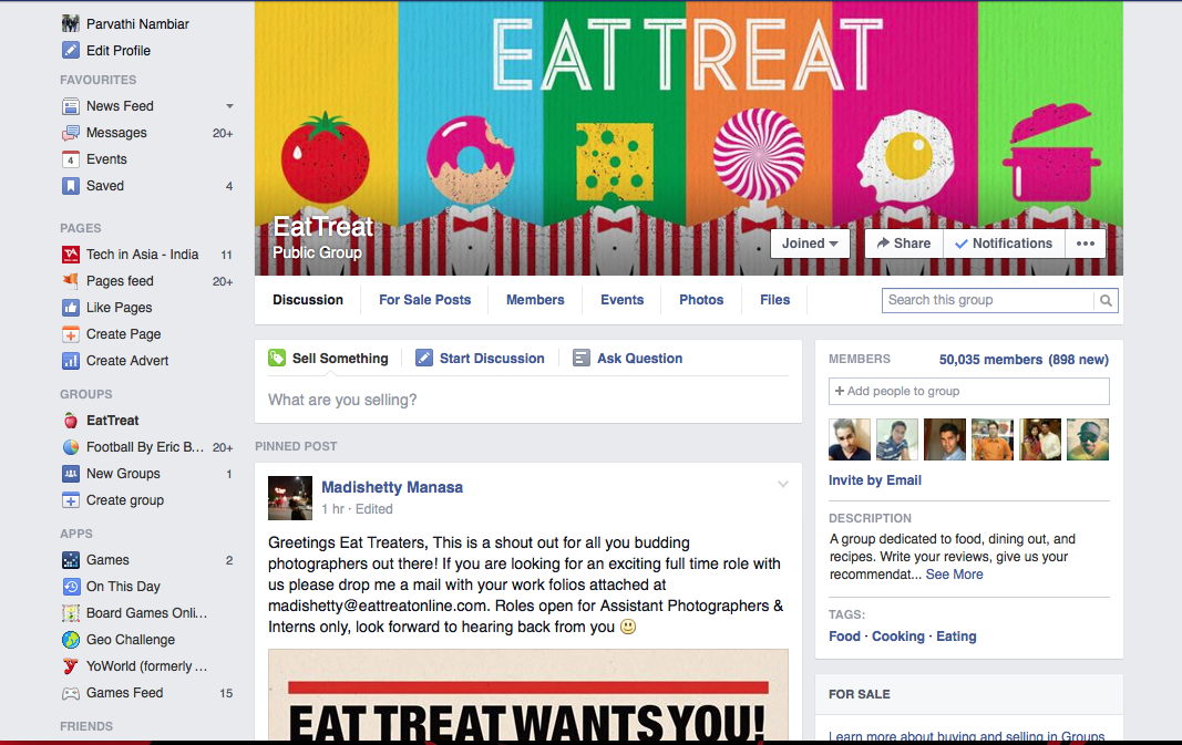 Screen shot of EatTreat Facebook group