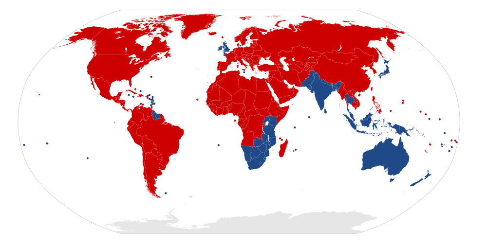 Countries that drive on the left side of the road are marked in red.