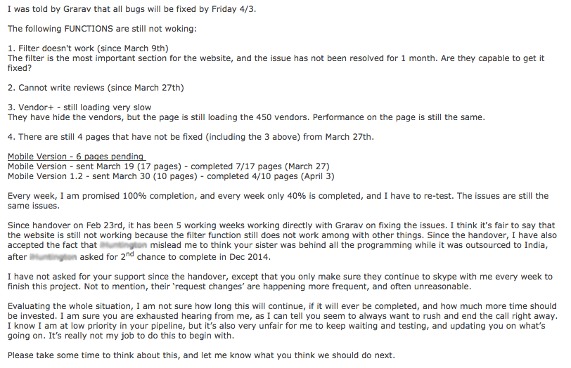 Website handover in Feb 2015. Skype sessions with outsourced team in India until May 2015. No reply from web developer regarding this email.