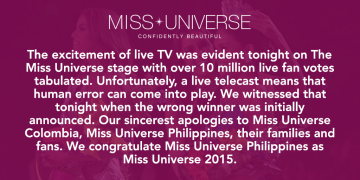 Miss Universe 2015's Crisis Statement from its Facebook page