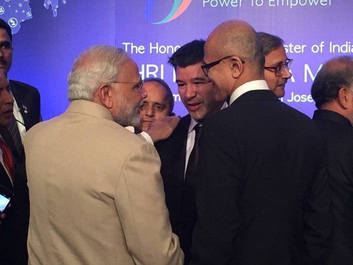 Indian prime minister Narendra Modi with Uber CEO Travis Kalanick at an event in Silicon Valley in 2015.