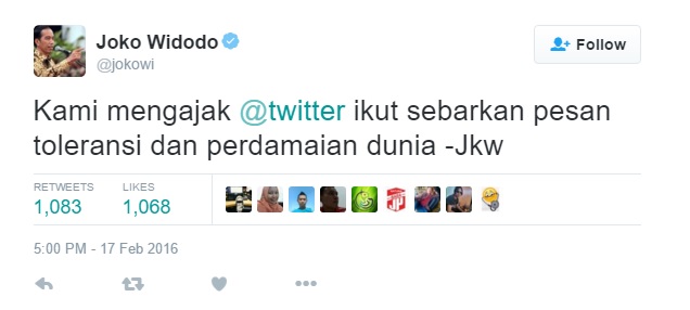 Joko Widodo's tweet from Twitter HQ