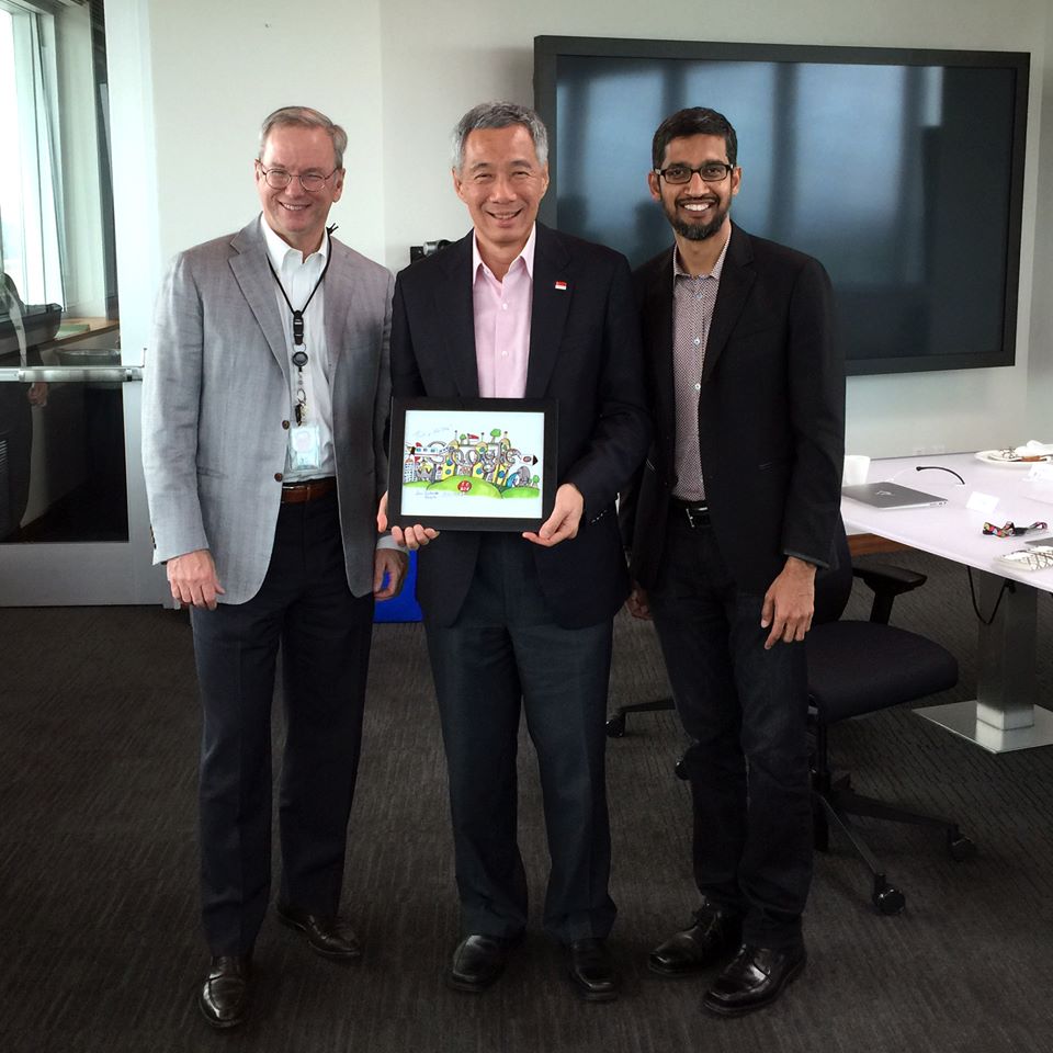 Prime Minister Lee with Google head honchos Eric Schimidt and Sundar Pichai. Image credit: PMO.