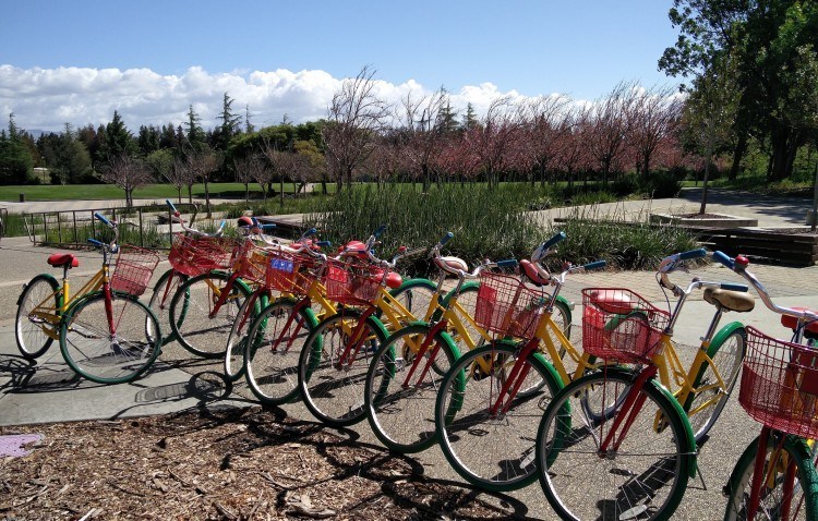 Bicycles painted in Google colors at Googleplex, California. Photo credit: TechinAsia. 
