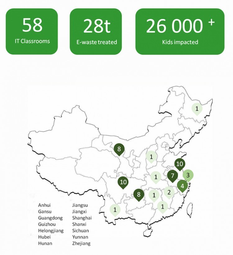 Map of China noting the number of schools where Netspring has donated computers. Image credit: Netspring..
