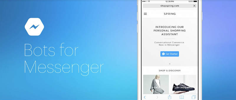 A slide from Facebook’s F8 keynote address, introducing the Spring shopping bot.