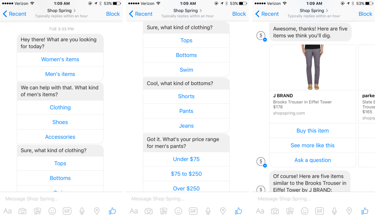 Screenshots of my first “messages” with Spring’s bot.