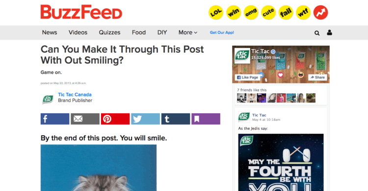 A screencap of Buzzfeed's sponsored post for Tictac.