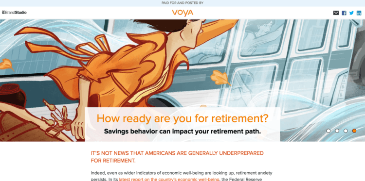 Screencap of a sponsored article by The New York Times about how ready Americans are for retirement, made possible by Voya.