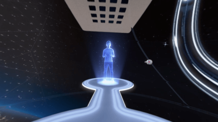 Blue Hologram Carl Pei on the left, weird robot on the right.