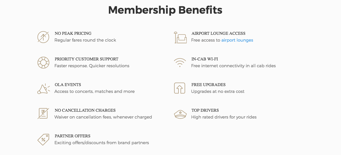 Screen shot from Ola's website listing Select benefits. 