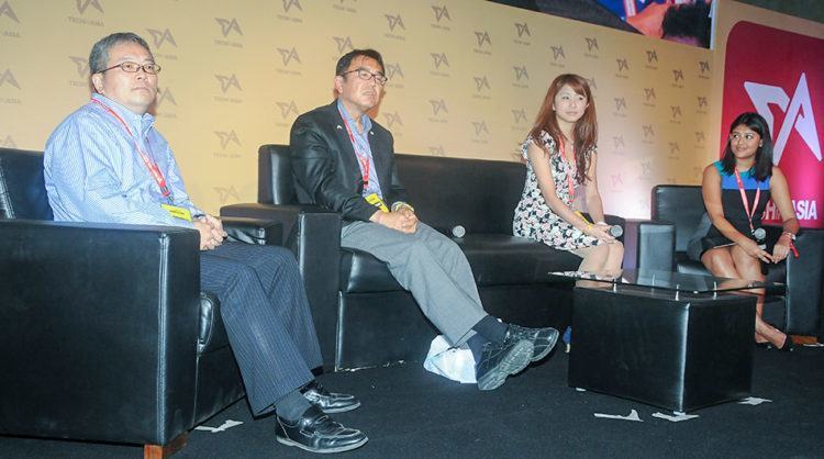 Left to right: Hiro Mashita of M&S Partners, Masayoshi Tamura of Hitachi India, Yoshiko Tsuwaki of the Japanese Ministry of Economy, Trade, and Industry, and moderator Nivedita Bhattacharjee of *Tech in Asia*.