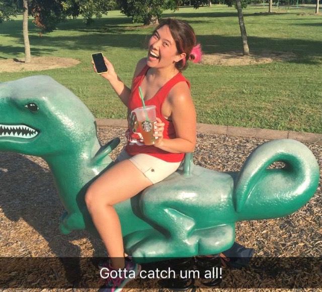 The dinosaur was the Poke Stop. Don't worry - the playground was empty, so I didn't ruin any kids' fun. Photo credit: Gabby Vigil's Snapchat.