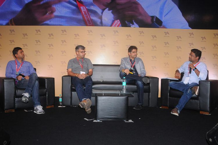 Miten Sampat, head of corporate development at Times Internet, Sanat Rao, venture partner at IDG Ventures, and Alok Goel, managing director at SAIF Partners, moderated by Abhishek Gupta, TLabs.