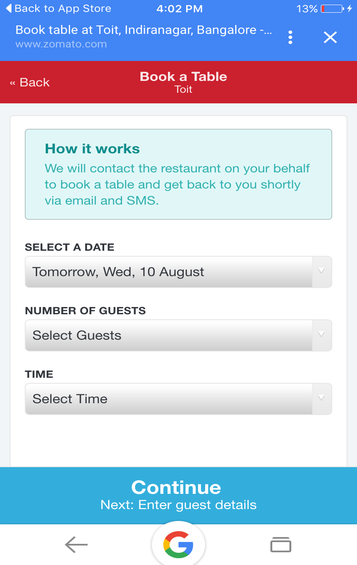 Table booking via Google.