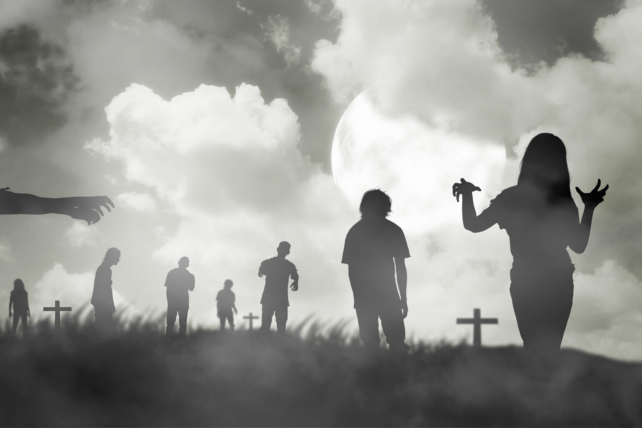 45259498 - silhouette group of zombie walking under full moon. halloween concept