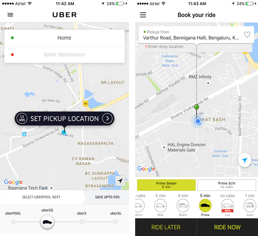 Uber (left) and Ola apps pictured this morning. Image credit: Tech in Asia.