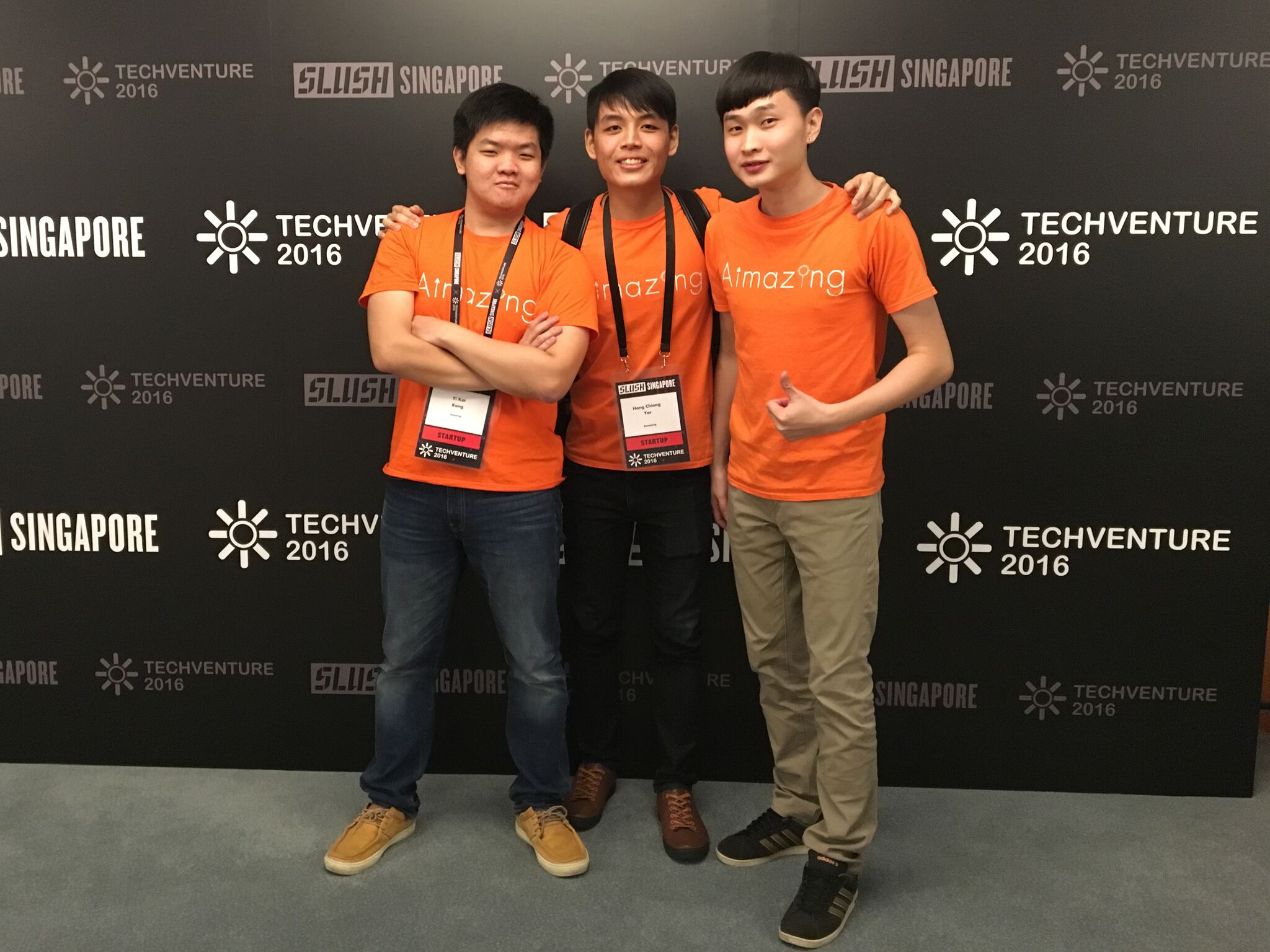 The Aimazing team at Slush Singapore in September 2016. From left: CTO Kong Yi Kai, COO Yar Hong Chiong and CEO Jun Ting.