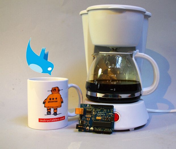 An Arduino makes it possible to tweet to your coffee pot and have a fresh brew ready before you get home. Photo credit: Instructables.