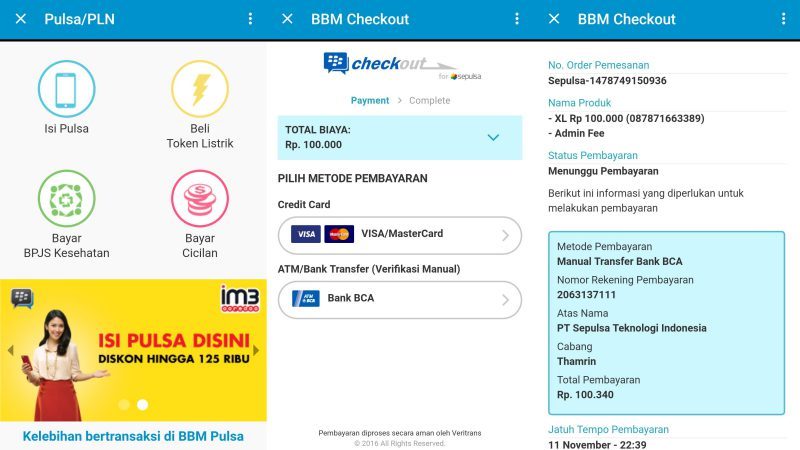 L to R: Screenshots of the BBM mobile payment layout, payment information, and payment details. Picture credit: Tech in Asia Indonesia.