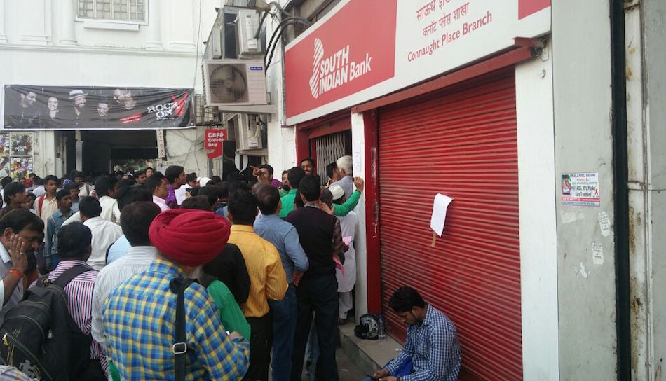 Queues snaking out of banks have been a common sight across India for weeks. Photo credit: Harsimran Julka. 