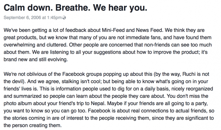 A screenshot of Mark Zuckerberg's post.