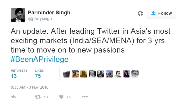 Parminder Singh, Managing Director Twitter for India, South East Asia, Middle East, and North Africa, announced his resignation on Twitter