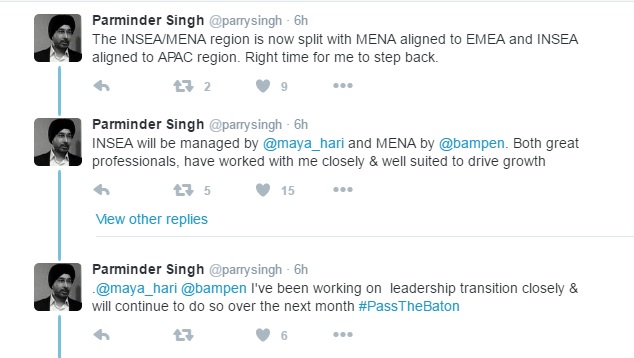 A series of tweets posted by Parminder Singh after he announced his exit from Twitter