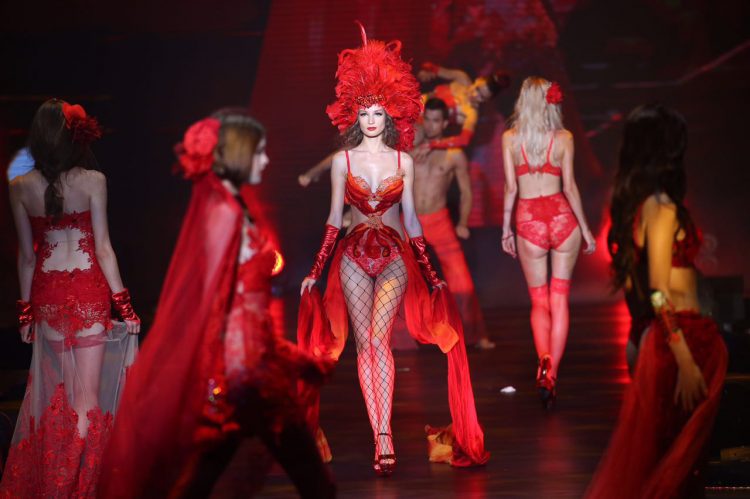 If you've ever wanted a bright, red leotard, now's your chance. Models strut their stuff at Alibaba's "See Now, Buy Now" event. Photo credit: Alibaba Group.