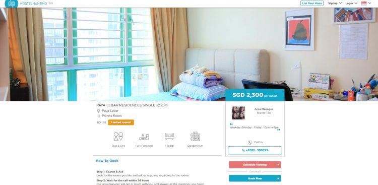 A university student's room listed on HostelHunting's Singapore website.