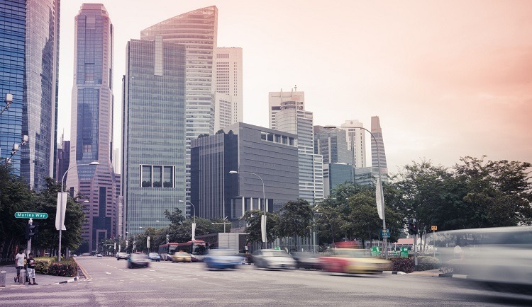 Singapore cityscape, cars zooming by, traffic, roads