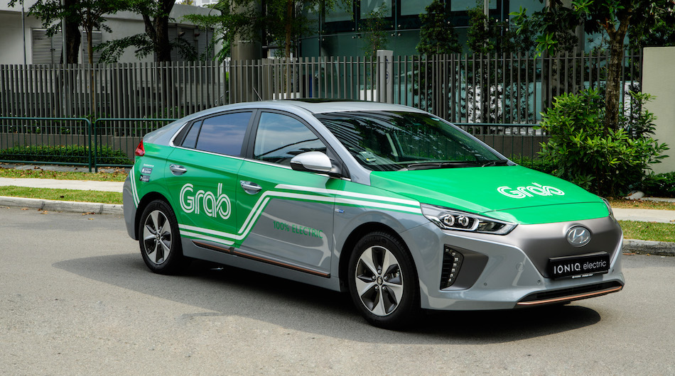 A Grab-branded electric Hyundai Ioniq car. Image: Grab